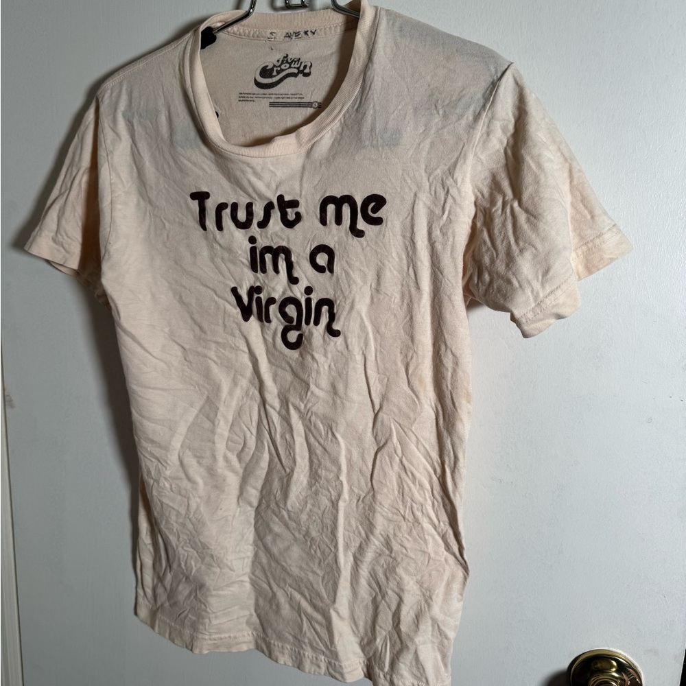 Sold 100% Cotton “ Virgin “ Cream Tee with Black Text